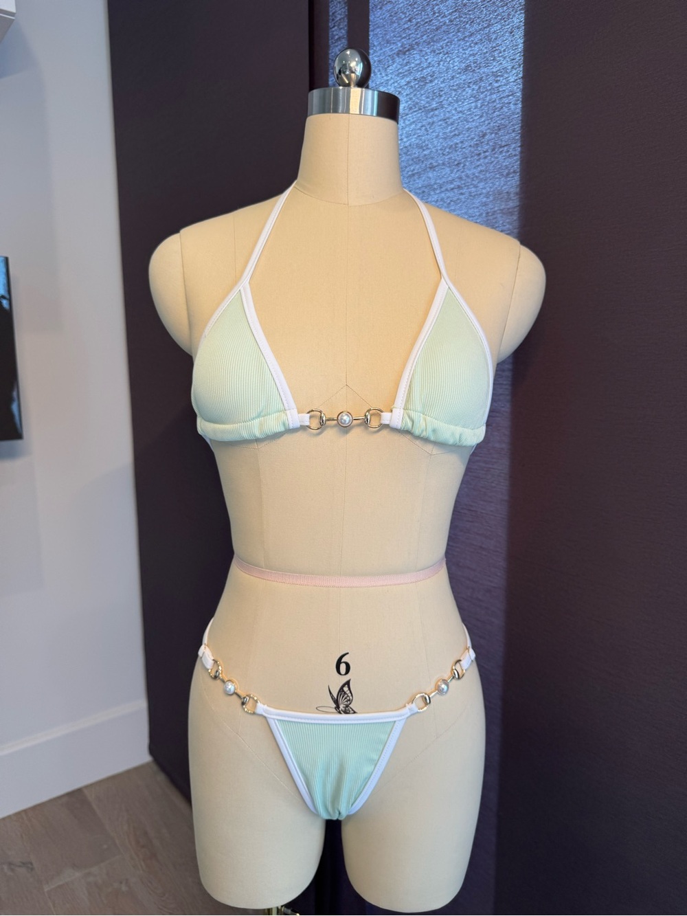 Pastel Green Triangle Bikini Set with Gold Ring Accents - Women Swim